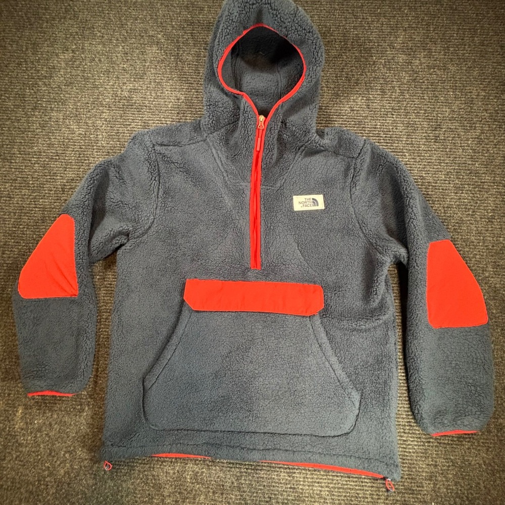 The North Face Mens Campshire Sherpa Fleece Anorak Navy Red Half Zip Hoodie L